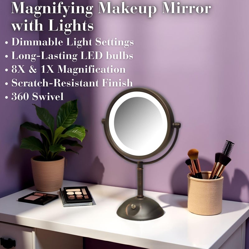 JERDON 8.5" Vanity Mirror with LED Lighting - 1X and 8X Magnification - Bronze Makeup Mirror - Model HL8808BZL - Image 2